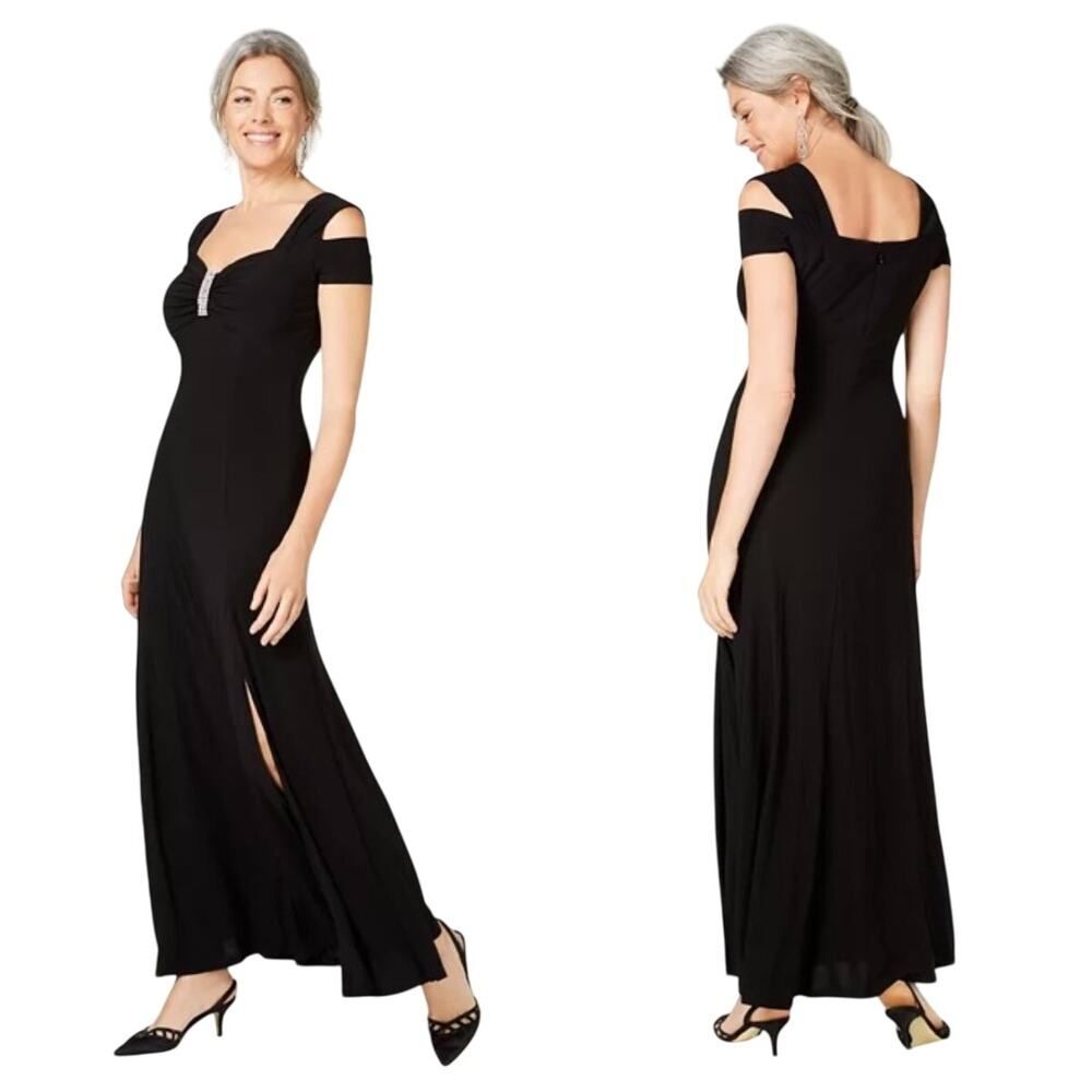 R & M Richards Cold Shoulder Rhinestone Brooch Gown Maxi Dress Sz 6 Black Split - Picture 13 of 13
